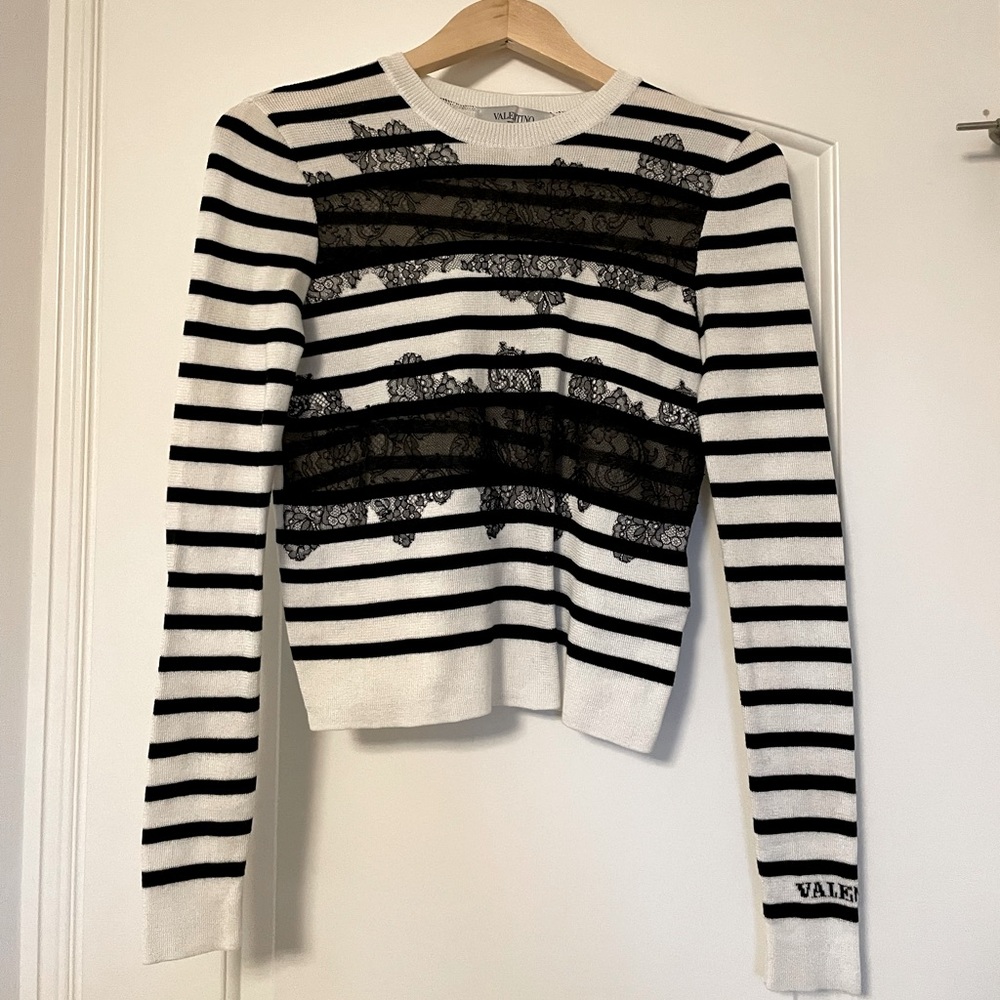 Brand New Valentino Lace Detail Stripe Virgin Wool Sweater
